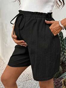 Boho Mama Maternity Textured Adjustable Waist Fashionable Versatile Solid Color Tie-Up Shorts - Black - View 8
