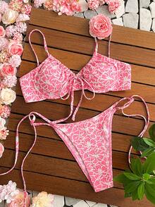 Swim Mod Sweet And Lovely Pink Floral Textured Bikini Swimsuit Set For Women,Pink Floral Pattern Drawstring Underwire Bikini Swimwear Set With Side Tie - Multicolor - View 3