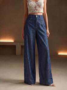 Anewsta Autumn Holiday Outfits Navy Blue Modern Casual Fashion Non-Denim Design Commuter Everyday Women Wide Leg Pants - Navy Blue - View 4