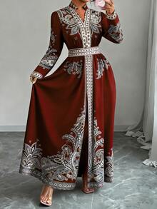 Elenzga Plus Size Paisley Print Dress Fall - Burgundy - View 4