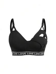 Moonlight&Mama Plus Size Letter Knit Band Comfortable Front Opening Maternity Nursing Bra - Black - View 7