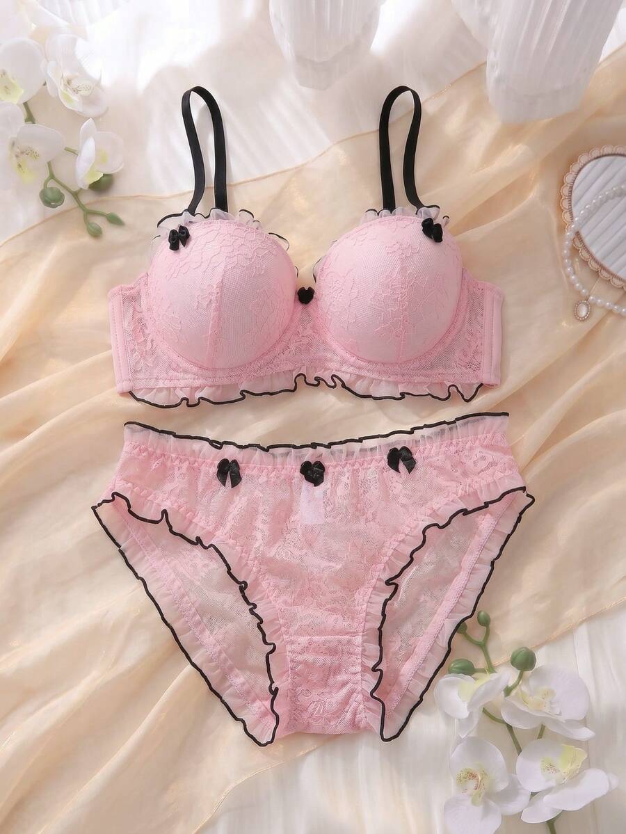DelicateAllure Conjunto de lencería de encaje para mujer con decoración de lazo y ribete de volantes - Rosa - Ver 1