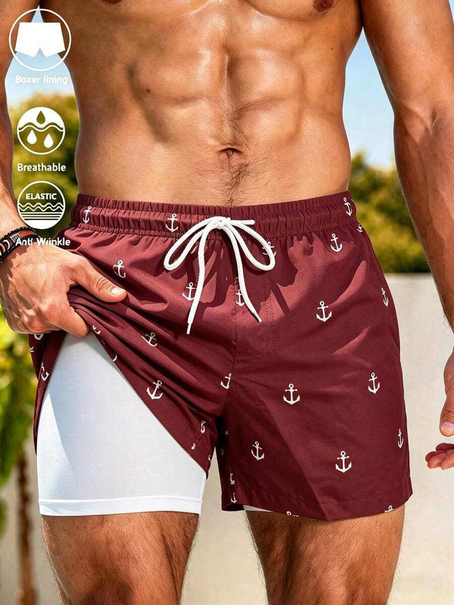Manfinity KASUA Men's Summer Beach Vacation Style Full Print Anchor Drawstring Waist 2 In 1 Beach Shorts, Holiday - Coffee Brown - View 1