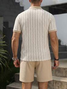 VENTUSAIL Men's Short Sleeve Textured Fabric Contrast Collar Polo Shirt & Shorts Set, Suitable For Home, Outing, Party And Vacation Wear, Holiday - Khaki - View 2