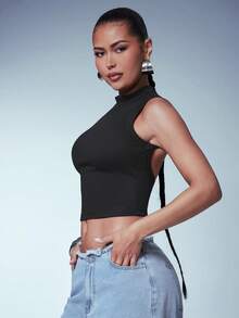 Denimoi Women's Solid Color Backless Round Neck Sleeveless Tight Crop Top, Summer Golf Pastal Sexy - Black - View 3