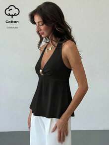 Aloruh Women's Linen Metal Decor Waist A-Line Shirt, Spring/Summer,Summer Top - Black - View 6