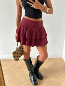 SHEIN EZwear 酒紅色針織高彈力百褶裙 - 酒紅色 - 查看 8