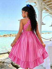 SHEIN Tween Girls Pink Stripe Summer Boho Holiday Vacation Holiday Sleeveless Dress,Halter Neck & Open Back Colorblock Ruched Skirt With Crossbody Bag - Pink - View 4