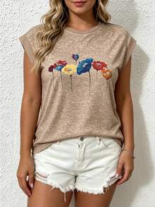 EMERY ROSE Women's Plus Size Casual Retro Floral Print Batwing Sleeve Round Neck T-Shirt, Suitable For Spring And Summer Tops - Multicolor - View 3