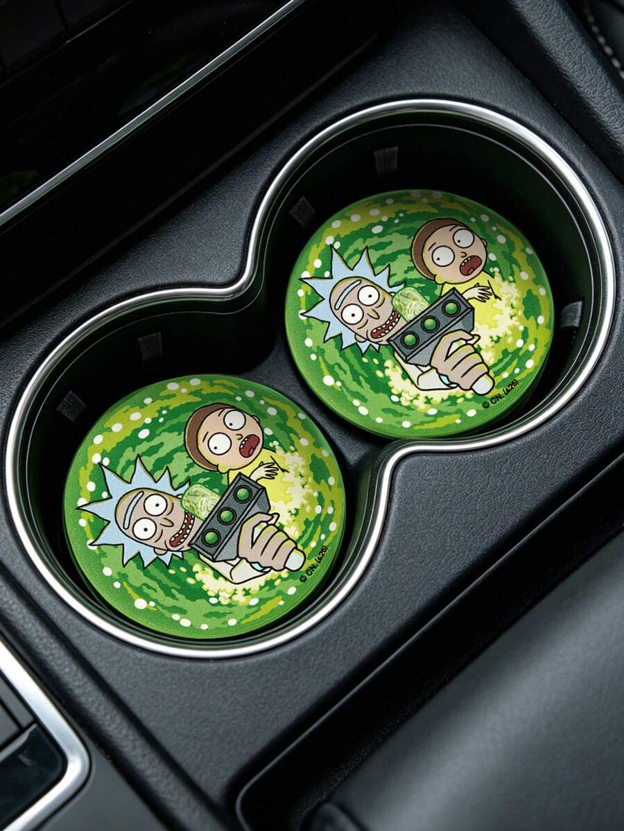 Rick and Morty X SHEIN 科幻卡通印花PU皮革汽車杯墊組,通用防滑杯架墊,防震吸水杯墊,適用於汽車、居家與辦公室 - A - 查看 1