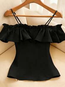 GlowEve Blusa casual y elegante de mujer con decoración de botones y ribete de volantes, para verano - Negro - Ver 2