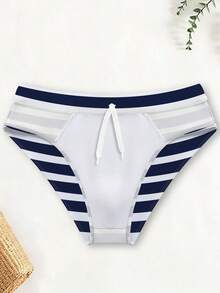 Manfinity KASUA Men's Striped Pattern Vacation Beach Triangle Swim Briefs, Holiday - Navy Blue - View 3