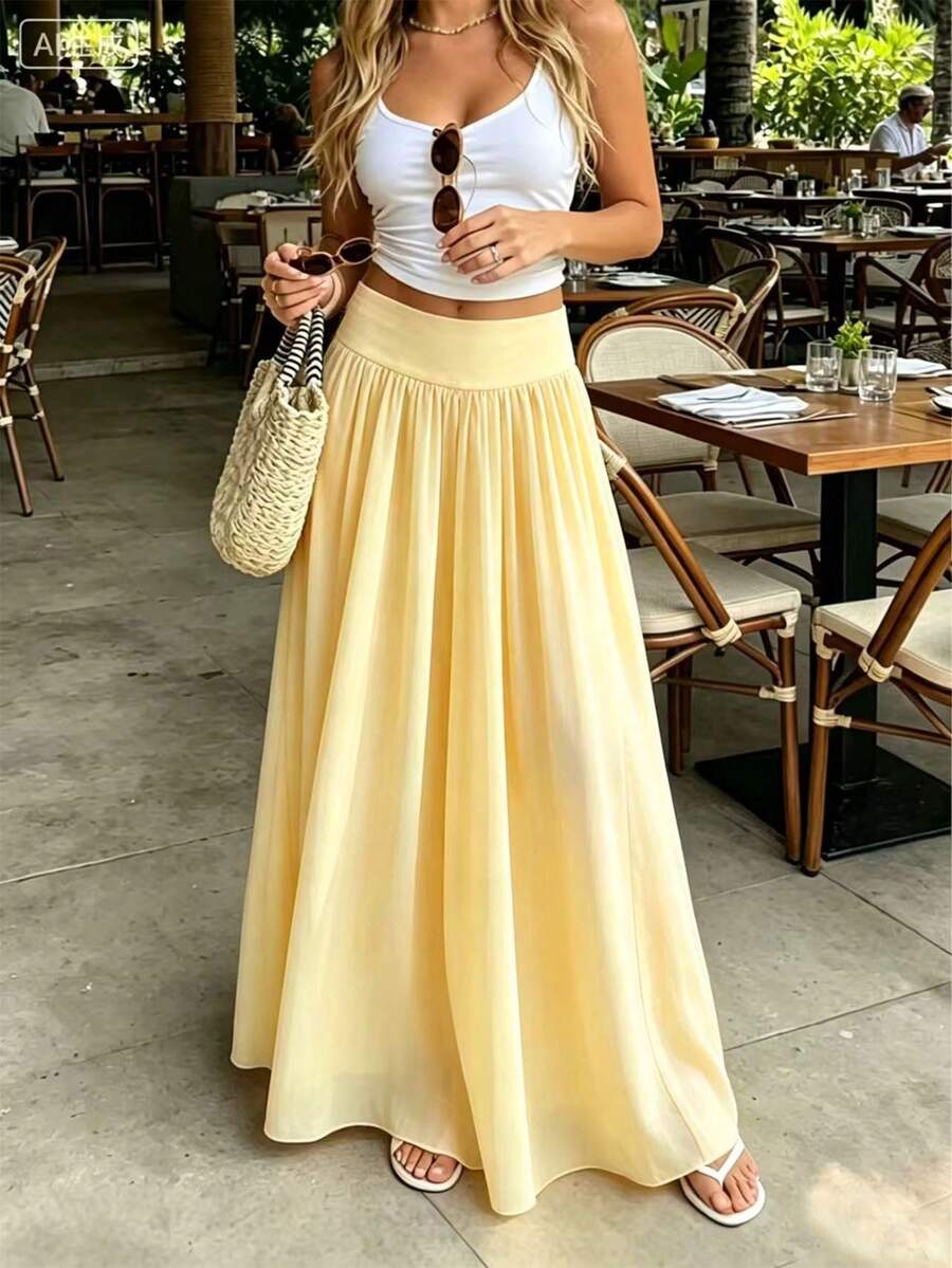 SHEIN PariChic 2026新款優雅風格女款波點高腰喇叭裙,通勤風復古靈感女裙 - 黃色 - 查看 1