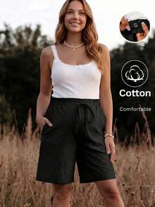 Boho Mama Maternity Textured Adjustable Waist Fashionable Versatile Solid Color Tie-Up Shorts - Black - View 2