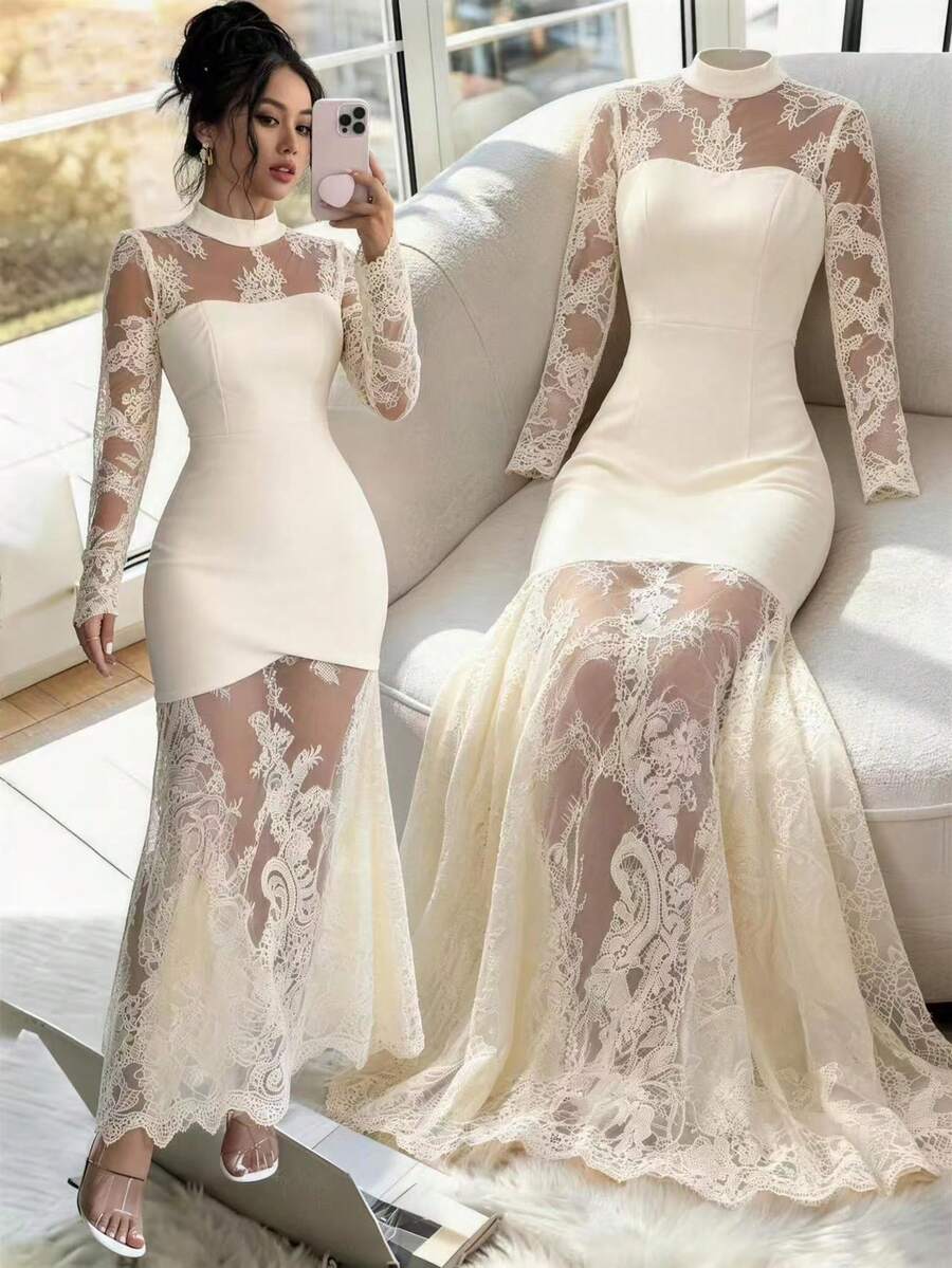 Elenzga Đầm dạ hội dài tay ren khoét rỗng sang trọng, gợi cảm, ôm sát eo, chất liệu cao cấp, co giãn, dáng đuôi cá. - Màu be - Xem 1