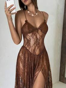 Aloruh Camisón largo y transparente de encaje sexy y maduro para mujer, vestido de tirantes finos con decoración floral de lujo - Marrón - Ver 8