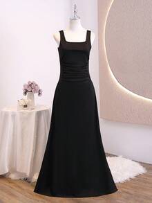 Vestido formal negro para adolescentes, vestido ajustado con tirantes finos y cuello cuadrado, tela ligera y suave, adecuado para vacaciones, graduación, regreso a la escuela, temporada de bodas, eventos formales y fiestas - Negro - Ver 6
