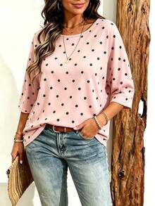 EMERY ROSE Plus Size Women's Casual Minimalist Polka Dot Print Drop Shoulder T-Shirt, Suitable For Summer Wear - Multicolor - View 4