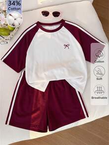 SHEIN 少女撞色短袖T恤短裤套装，运动风，宽松修身设计，轻薄面料，适合日常穿着、休闲或运动，柔软舒适，纯棉材质。 - 白色 - 查看 2