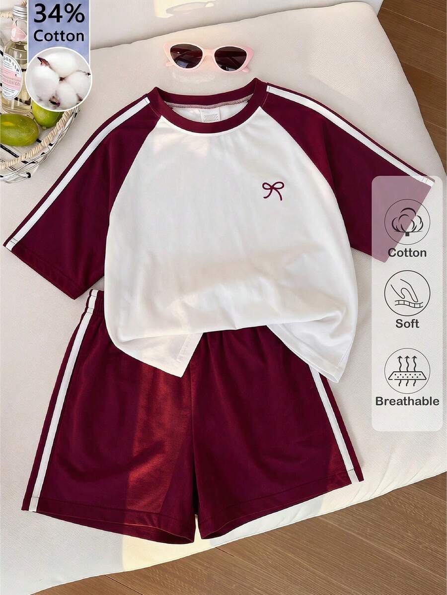 SHEIN 少女撞色短袖T恤短裤套装，运动风，宽松修身设计，轻薄面料，适合日常穿着、休闲或运动，柔软舒适，纯棉材质。