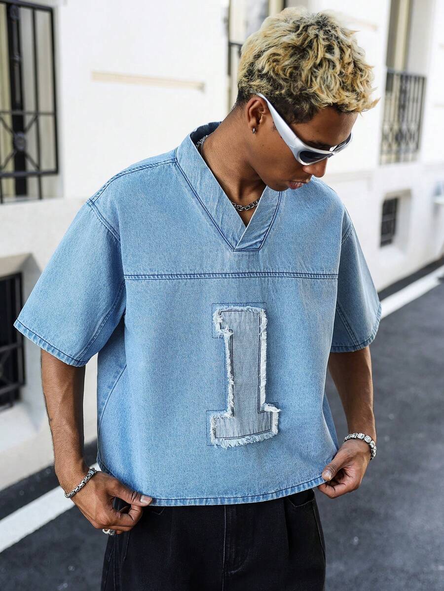 GALLERY FADE Casual Loose Fit American Brand Embroidered Denim Shirt - Light Wash - View 1