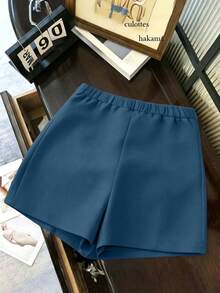 EMERY ROSE Plus Size Women's Fashion Casual Commute Versatile Textured Soft Fabric High Waist Split Shorts/Skirt/Capri Pants/Hot Pants, Spring And Autumn - Blue - View 2