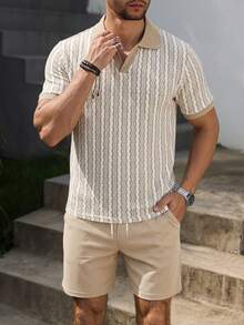 VENTUSAIL Men's Short Sleeve Textured Fabric Contrast Collar Polo Shirt & Shorts Set, Suitable For Home, Outing, Party And Vacation Wear, Holiday - Khaki - View 4