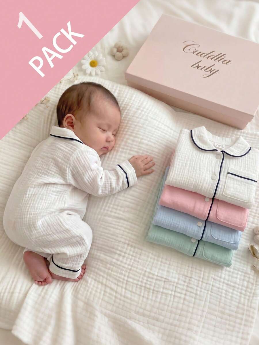 SHEIN Vintaside Kids 新生兒居家連身睡衣,棉質皺褶布料配滾邊,柔軟舒適 - 白色 - 查看 1