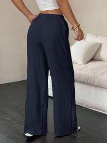 EMERY ROSE Pantalones casuales versátiles de unicolor para mujer, talla grande, pierna ancha, tela de otoño, pantalones largos de talla grande - Azul Marino - Ver 2