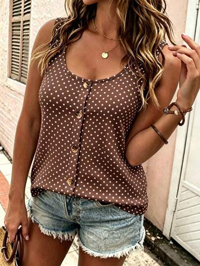 EMERY ROSE Plus Size Women's Polka Dot Contrast Color Round Neck Button Vest, Round Neck Button Strap Tank Top, Suitable For Daily Casual Wear