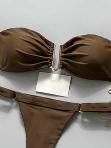Swim Chiccia Bộ đồ bơi bikini 2 mảnh không dây màu trơn trang trí kim loại cho nữ mùa xuân, trang phục đi biển mùa hè tối giản - màu nâu - Xem 8