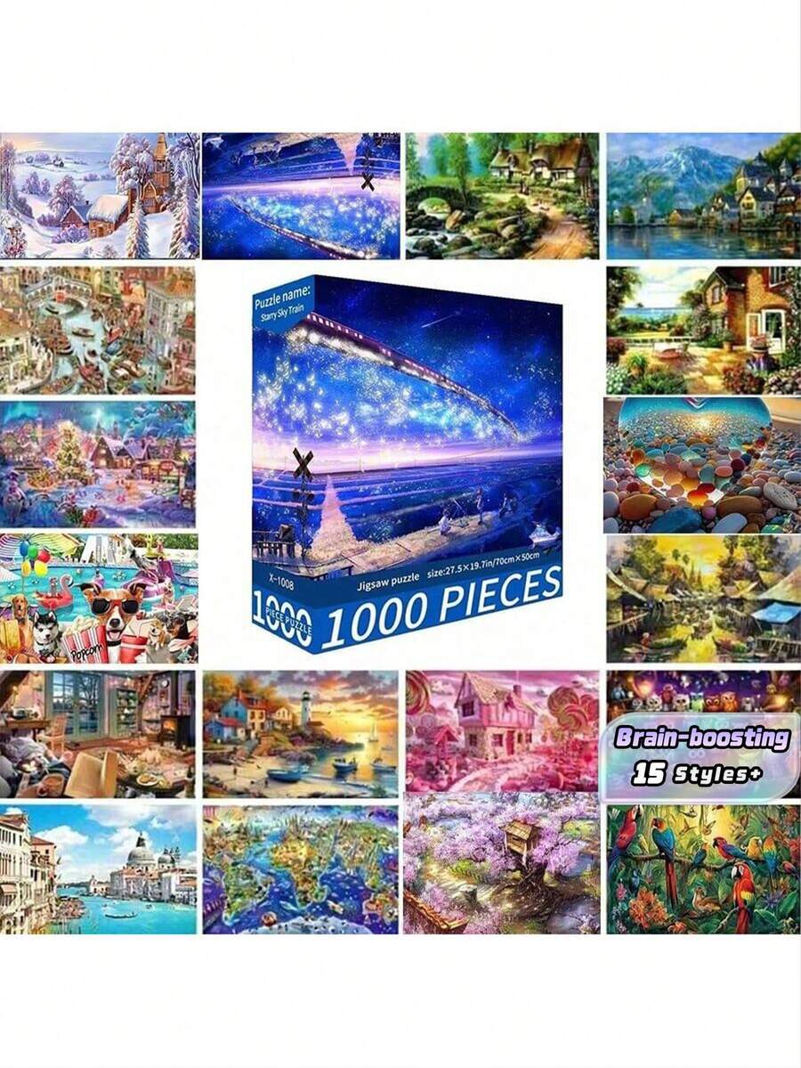 New-1000片裝拼圖玩具,尺寸70cm*50cm,油畫風景與卡通圖案,成人舒壓,裝飾藝術品,適合萬聖節、聖誕節、生日禮物 - 彩色 - 查看 1
