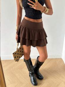 SHEIN EZwear 巧克力棕色针织高弹力百褶裙 - 巧克力棕 - 查看 7