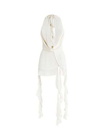 Y2K Spring/Summer Vacation Style Chiffon Ruffle Neckline Backless Multi-Ruffle Flounce Tie Design Women's Dress