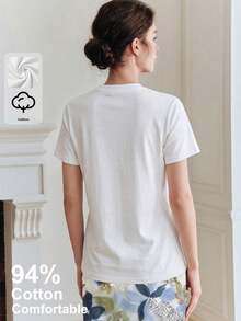Anewsta 94%纯棉优雅女士T恤，简约通勤休闲短袖圆领刺绣亮片黑色T恤 - 藍白色 - 查看 2