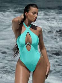 Swim SXY 女士性感纯色镂空交叉挂脖钢圈连体泳衣 - 淺藍色 - 查看 4
