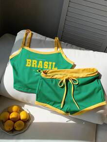 SHEIN EZwear 女士巴西国旗字母印花露脐上衣和短裤套装，修身夏季套装，世界杯服装 - 彩色 - 查看 5