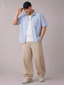 Athstrex 大码男士宽松休闲浅蓝色和白色竖条纹短袖纽扣衬衫 - 藍色 - 查看 3