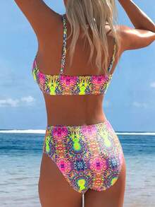 Swim Lushoire Women's Summer Vacation Beach Retro Print Detachable Spaghetti Strap High Waist Bikini Set - Multicolor - View 4