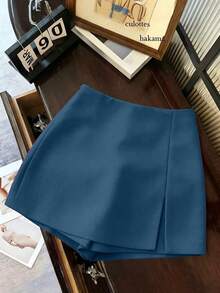 EMERY ROSE Plus Size Women's Fashion Casual Commute Versatile Textured Soft Fabric High Waist Split Shorts/Skirt/Capri Pants/Hot Pants, Spring And Autumn - Blue - View 5