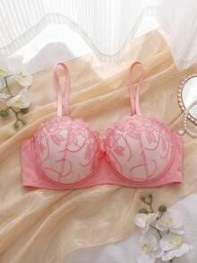 DelicateAllure Pink Knitted Fabric Floral Embroidered Push Up Plus Size Bra - Pink - View 1