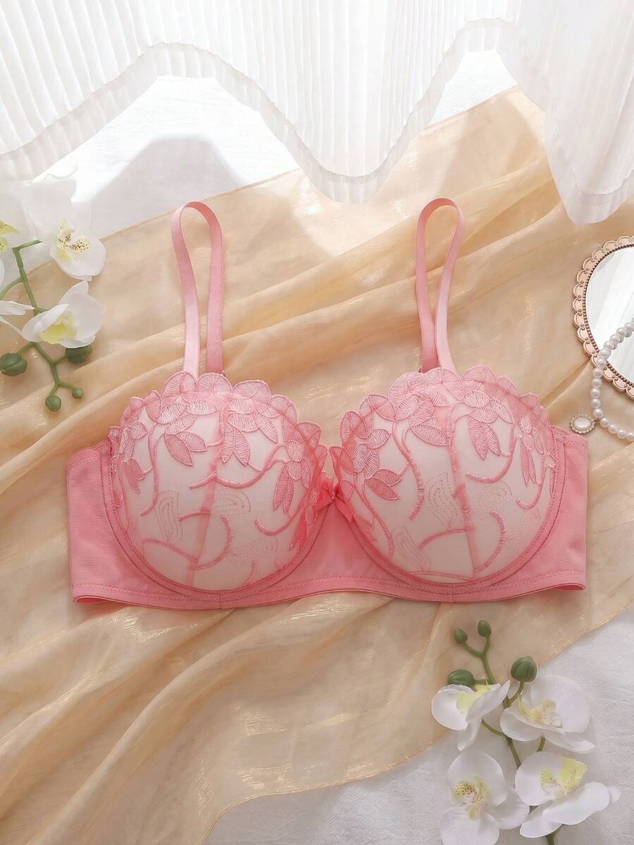 DelicateAllure Pink Knitted Fabric Floral Embroidered Push Up Plus Size Bra - Pink - View 1