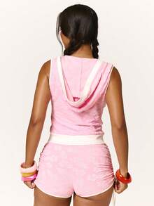 MUSERA Zip Through Tropical Flower Hooded Fitted Top Drawstring Waist Ruched Tie Side Mini Shorts Coord Sold As Set Summer Holiday Beach Golf Pink And White - Pink - View 4