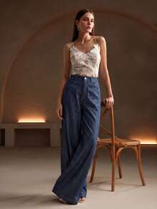 Anewsta Autumn Holiday Outfits Navy Blue Modern Casual Fashion Non-Denim Design Commuter Everyday Women Wide Leg Pants - Navy Blue - View 5
