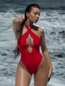 Swim SXY 女士性感纯色镂空交叉挂脖系带钢圈连体泳衣 - 紅色 - 查看 4