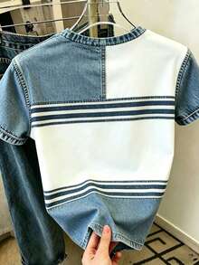 Resyla Camiseta de mujer de talla grande con cuello redondo, manga corta, estilo retro de Hong Kong de verano, bloques de color, patchwork, estampado, versátil y efecto adelgazante - Multicolor - Ver 2
