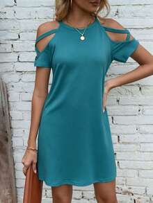 EMERY ROSE Vestido casual de unicolor con hombros descubiertos para ropa de Año Nuevo - Azul - Ver 4