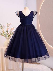 Vestido elegante para niñas preadolescentes para fiesta de regreso a la escuela con cuello en V, sin mangas, mangas con volantes, tul y encaje - Azul Marino - Ver 2