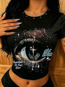 Rovax Women's Minimalist Printed Round Neck Short Sleeve Cropped Fitted T-Shirt - Black - View 4