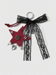 ROMWE Goth 1個Y2K龐克哥德風黑紅皮革鉚釘星星愛心十字針頭骷髏棺材蕾絲蝴蝶結DIY鑰匙圈包包吊飾，女款日常配戴節日禮物 - 黑紅色-63 - 查看 12